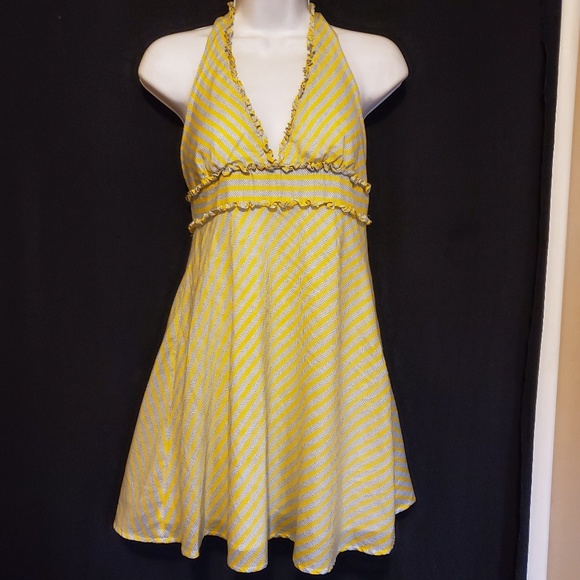 Forever 21 Tops - Yellow Gray Stripe Ruffle Halter Top M